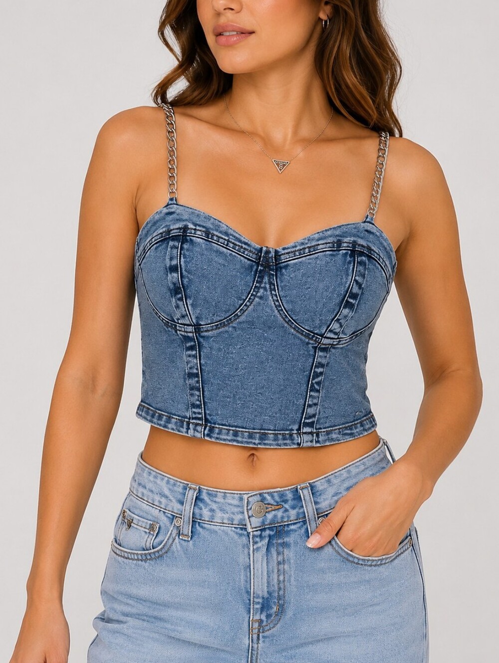 Guess Blue Denim Corset Crop Top with Chain Straps NWT